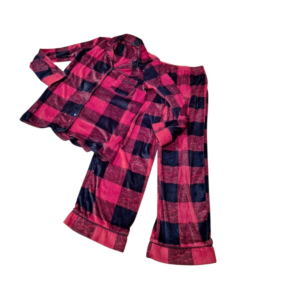 Donna Karan Plush Plaid Checked Black Red Pajama Set Ladies Small Comfy Farm